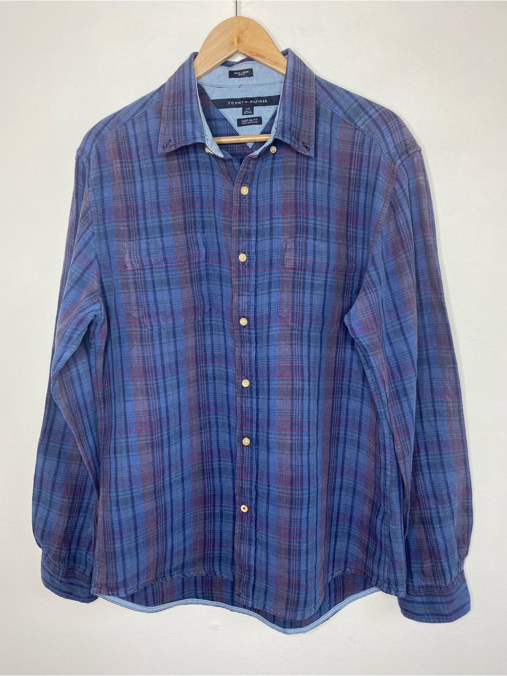 Tommy Hilfiger 100% Linen plaid button down shirt Size L Heritage Classic